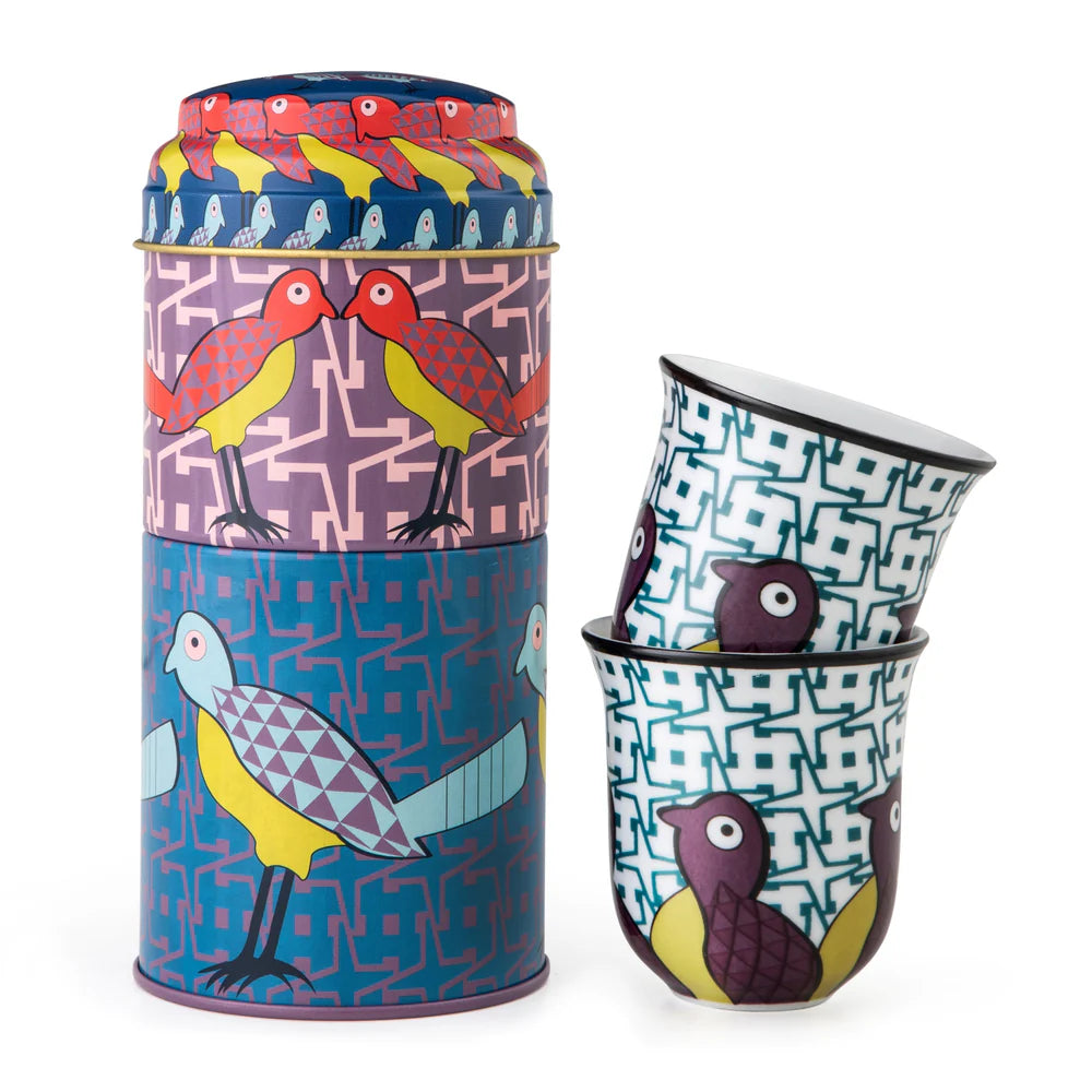 TIN BOX WITH  COFFEE CUP 90ML - BIRDS OF PARADISE