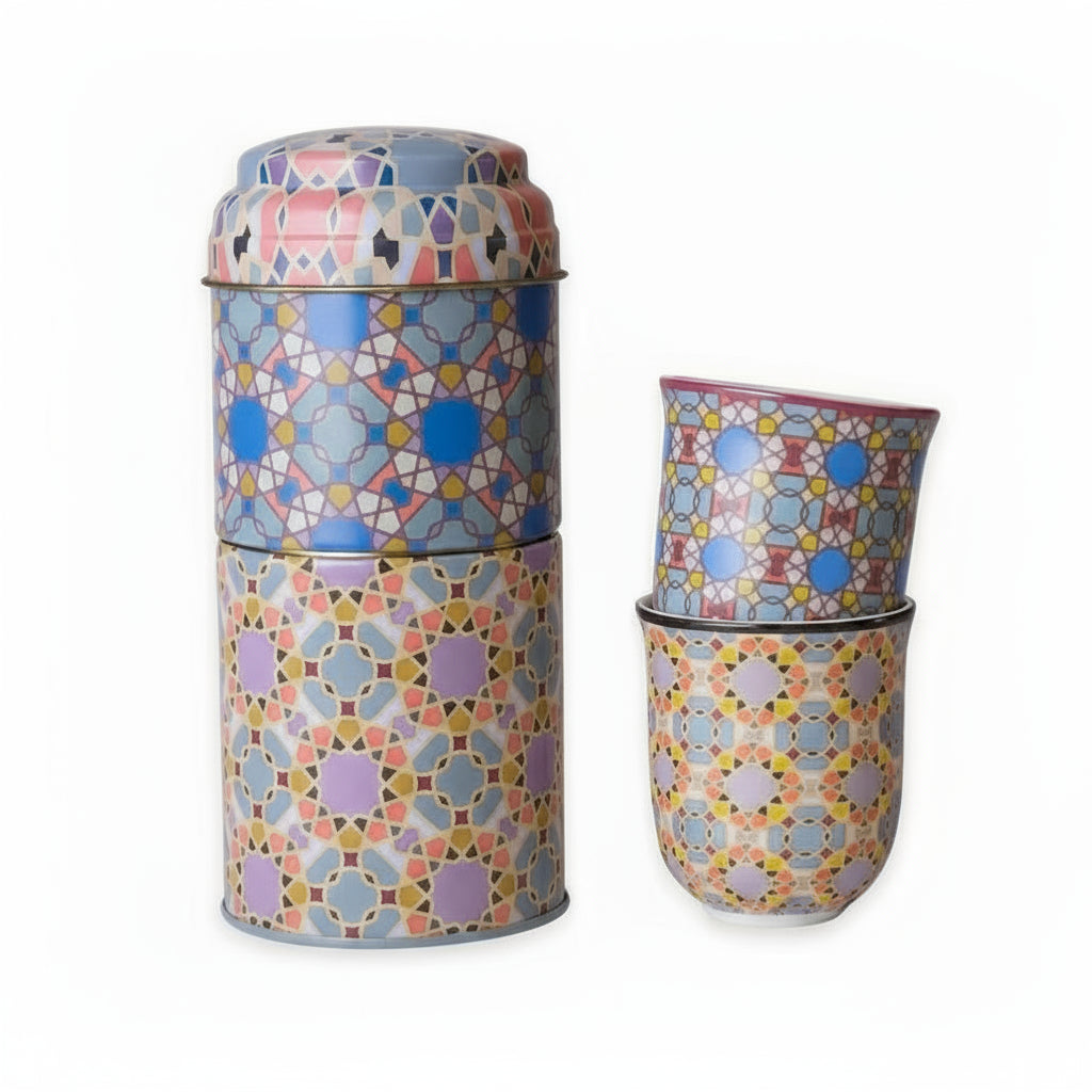 TIN BOX WITH 2 COFFEE CUPS PORCELAIN DENIA - 90 ML
