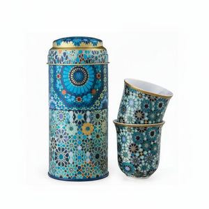 TIN BOX WITH 2 COFFEE CUPS PORCELAIN MOUCHARABIEH BLUE - 90 ML