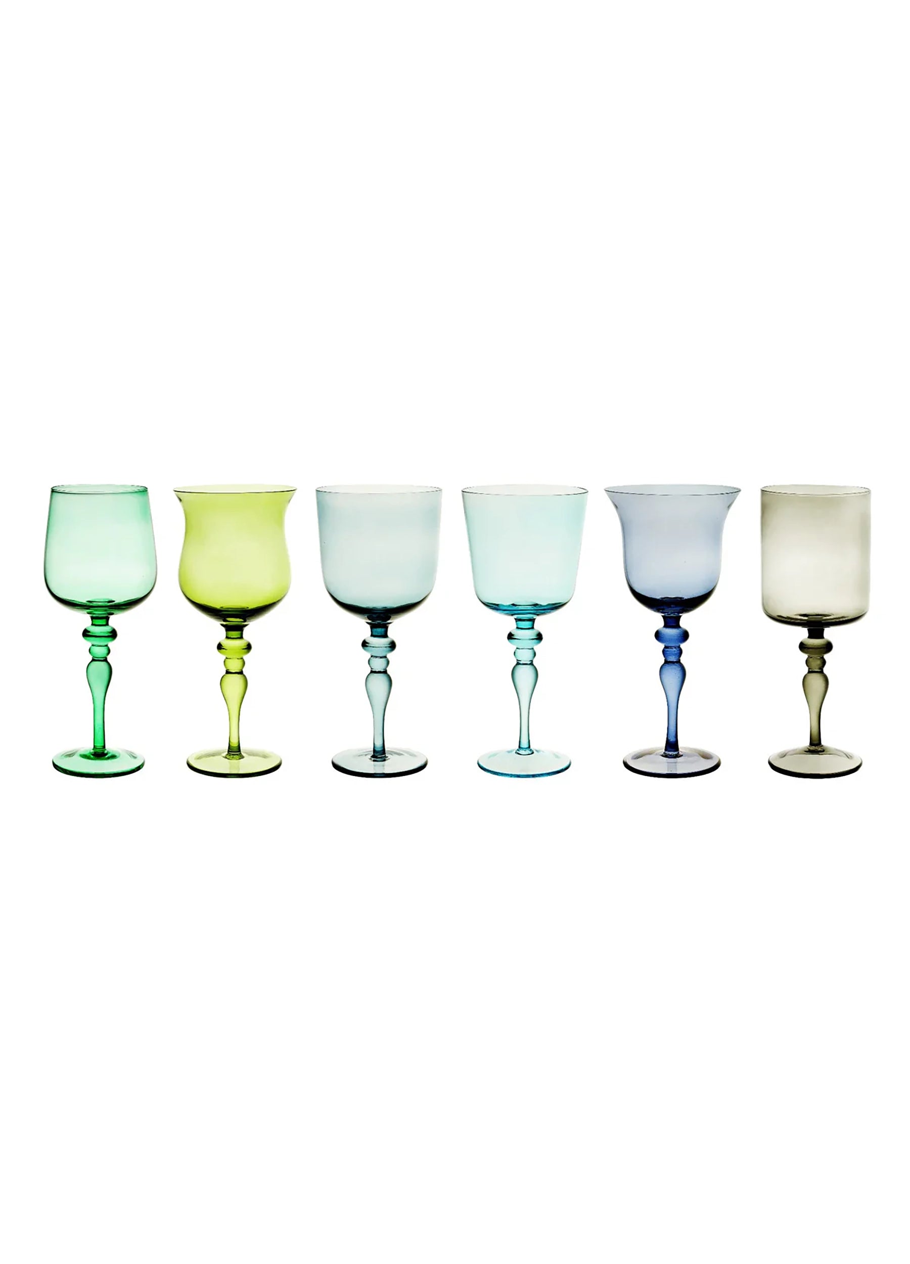 Set of 6 goblets adorned stems mixed shapes color blue/green